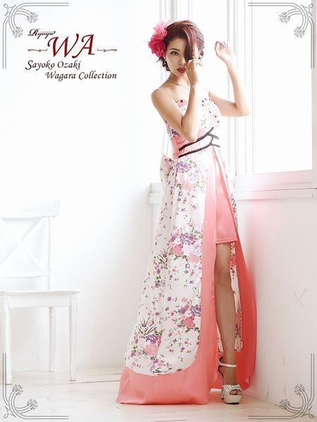 【和柄キャバドレス激安】和桜が咲き乱れる後姿リボン帯風着物ドレス