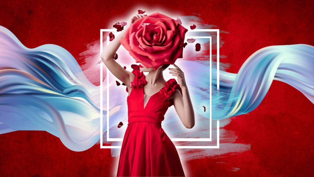赤いバラで表情を覆い、正体をベールで包み込むミステリアスなドレス姿の女性の画像。